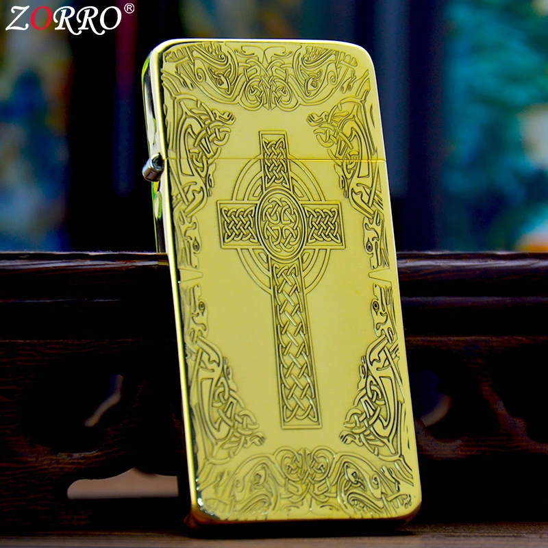 ZORRO佐罗黄铜精雕超薄凯尔特十字架煤油防风打火机ZC5男雕刻创意