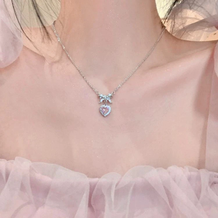 合金项链 蜜桃公主风爱心蝴蝶结脖子项链女轻奢小众ins锁骨链闺蜜