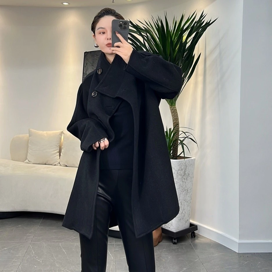 2023初春新款斜立领披肩款显瘦百搭绵羊毛中长款大衣YMN-D225051