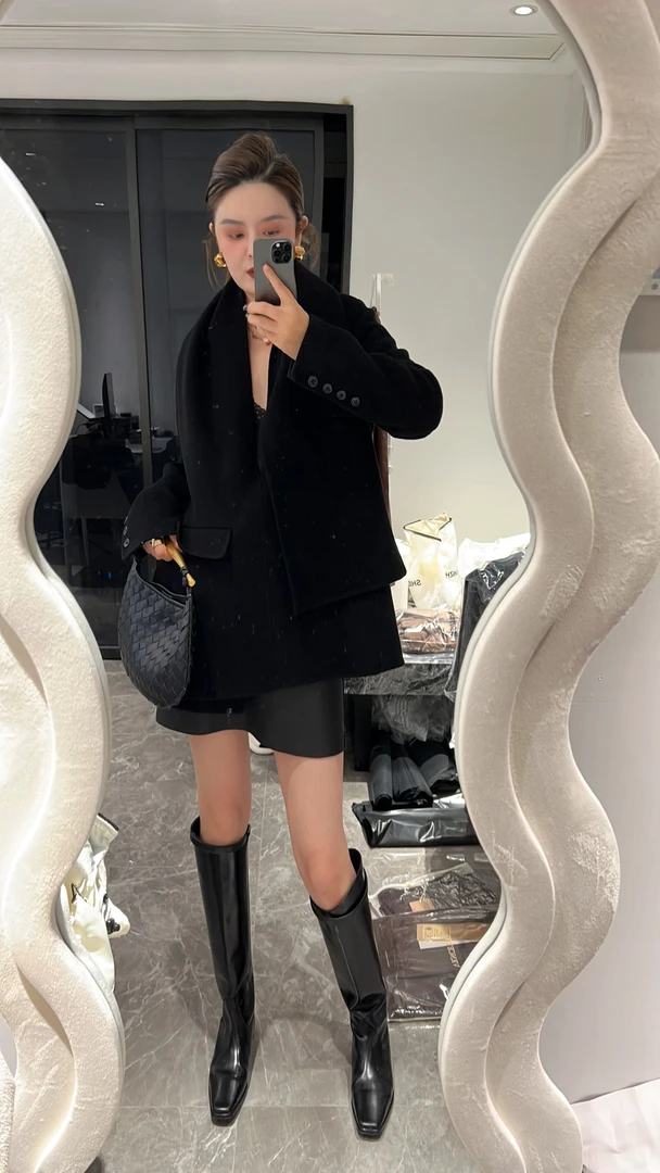 初春双面绵羊毛围巾领中长款外套ZR77双面呢大衣D668261