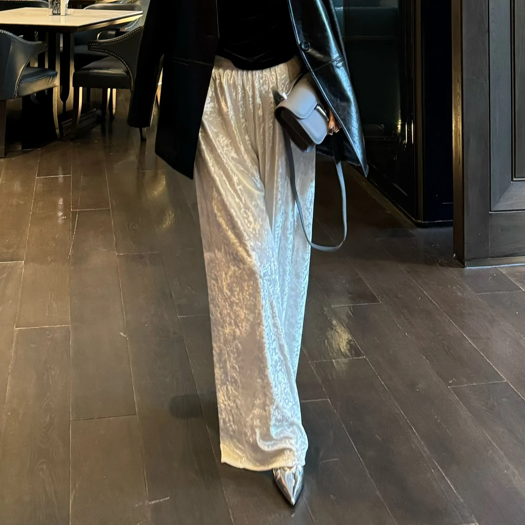 【XIANAIDI】春新款丝绒长裤松紧腰弹力时髦纯色百搭直筒宽松K1016