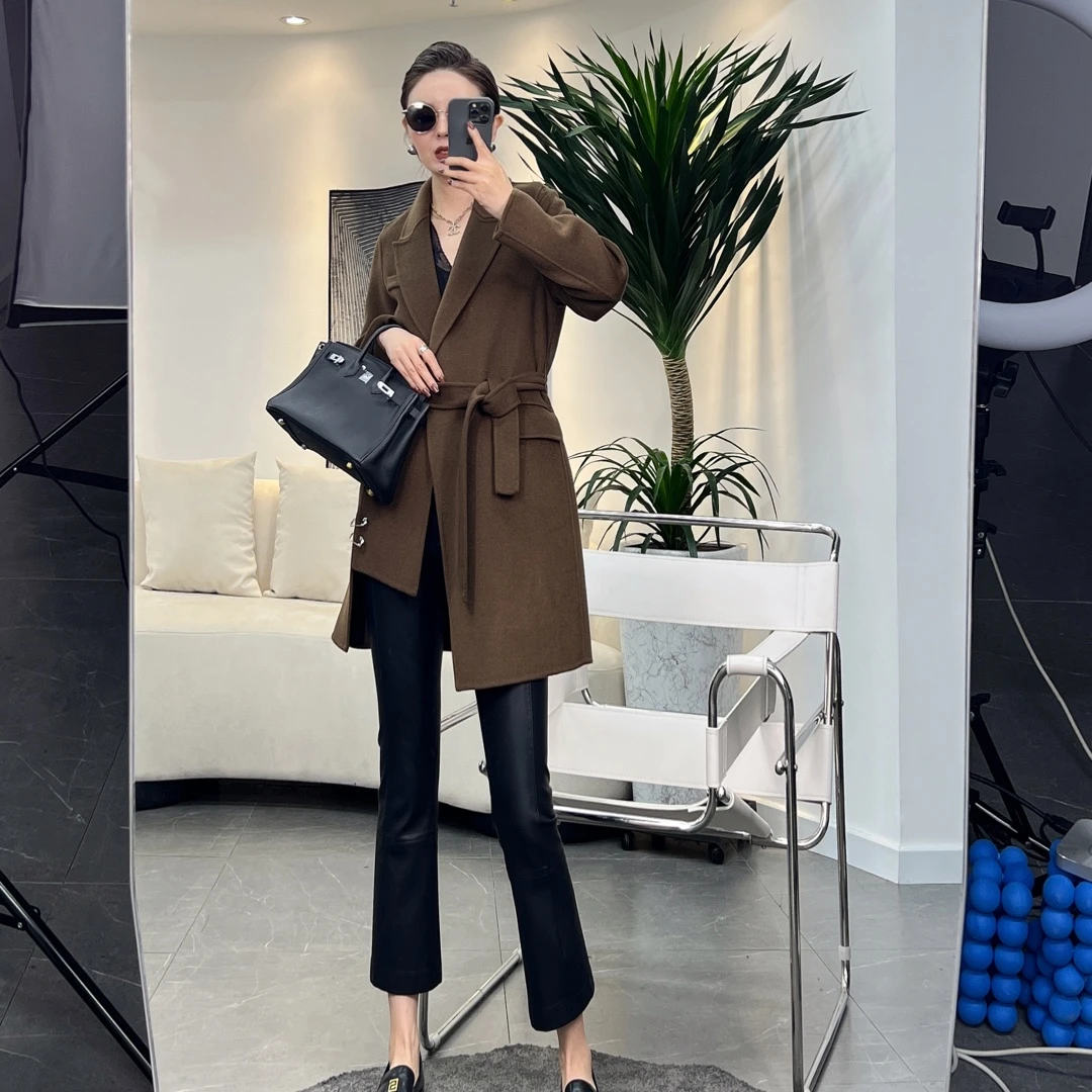 2023初春收腰简约气质不规则金属系带中长款绵羊毛大衣YMN-D22029