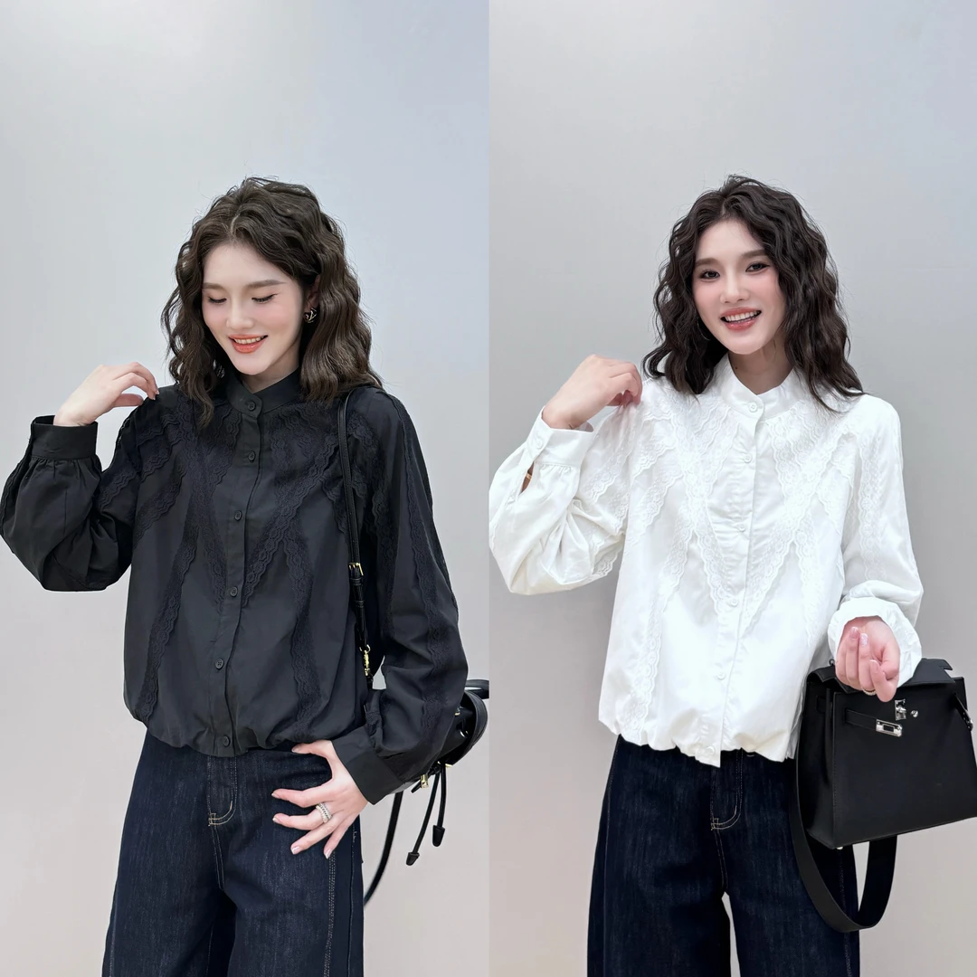 【L.P.L meng】小众设计立体蕾丝拼接休闲百搭长袖衬衫上衣88111