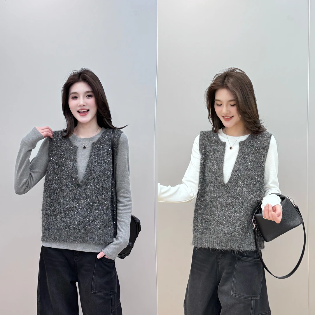 【L.P.L meng】“两件套哦”-百搭V领亮片毛衣背心马甲＋内搭打底衫