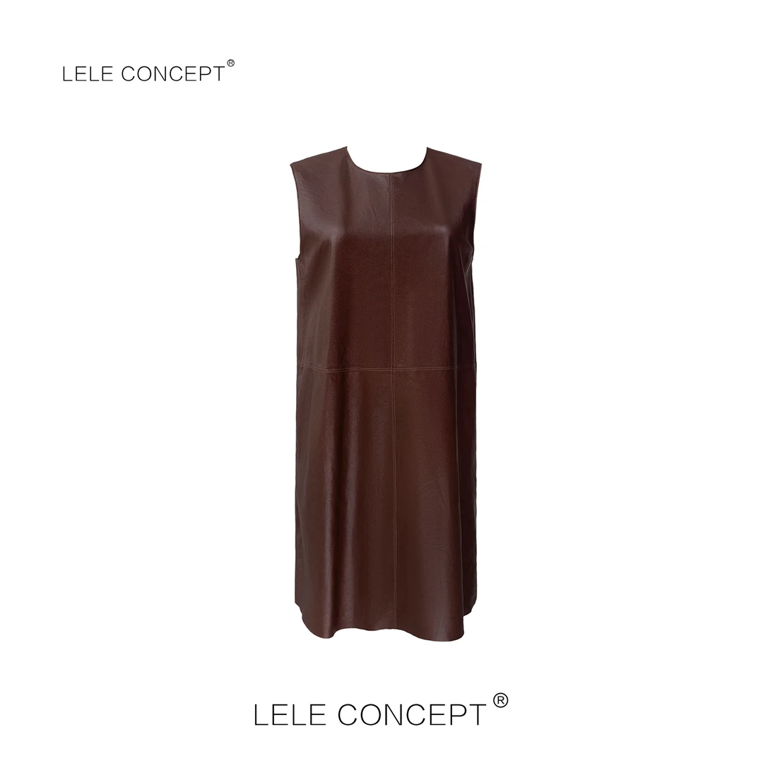 LELE CONCEPT｜时尚轻奢圆领两色气质皮连衣裙Q0404