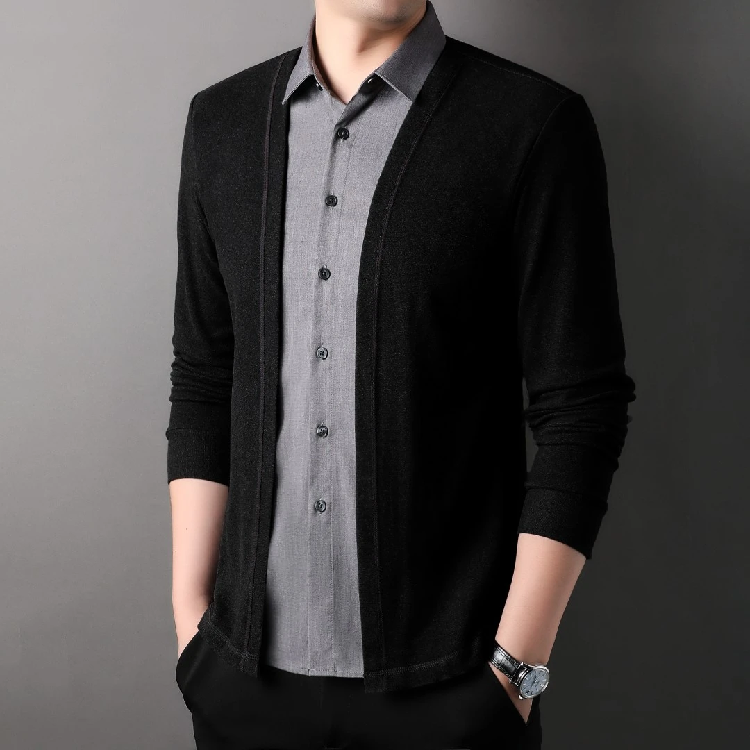 春秋季长袖衬衫男两件套高品质百搭休闲纯时尚色上衣男士针织衫
