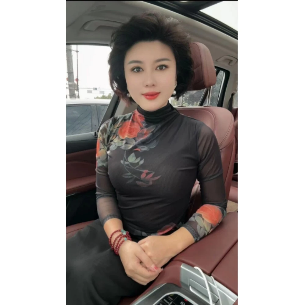 【乔奶奶专属】2024秋新款高领印花定位花网纱长袖T恤女修身打底衫