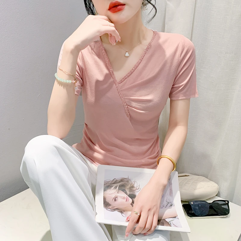 V领钉珠褶皱修身长袖T恤女2025年夏季新款纯色短袖套头百搭上衣女