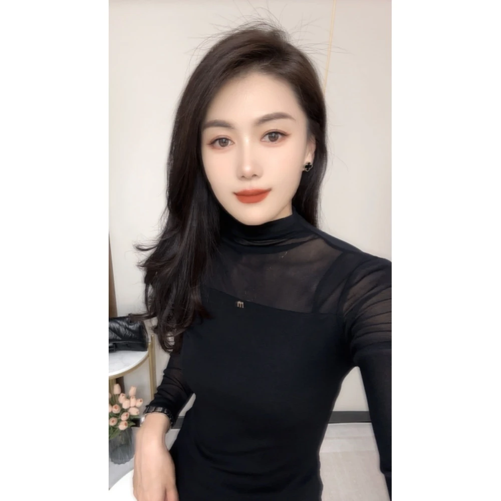 长袖秋季新款百搭长袖纯色半高领网纱t恤女时尚修身显瘦打底衫潮