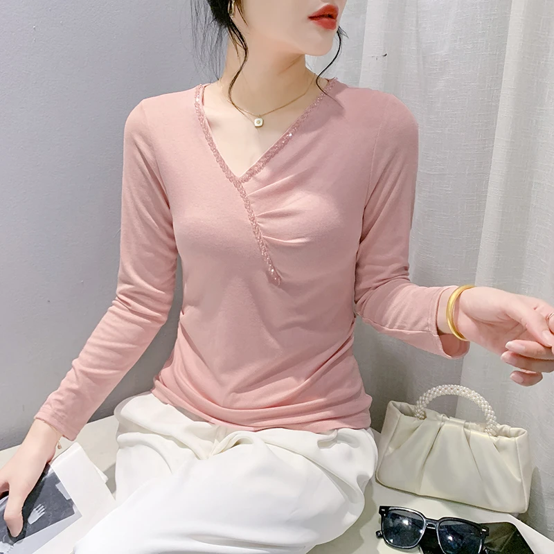 斜领钉珠褶皱修身长袖T恤女2024年夏季新款纯色长袖套头百搭上衣