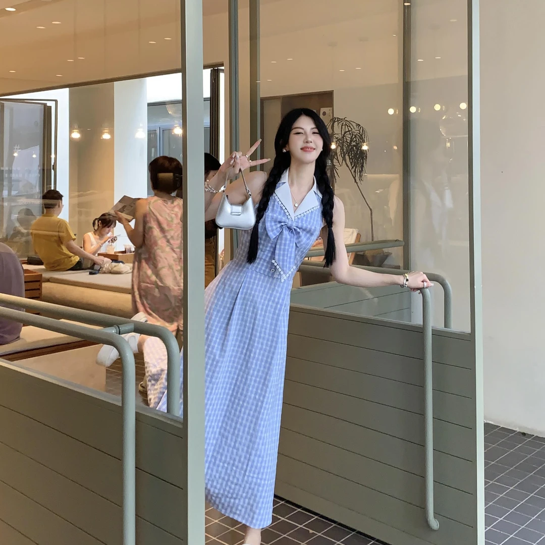 【夏日梦蝶】多多2024夏季新款气质温柔设计感无袖格子女装连衣裙