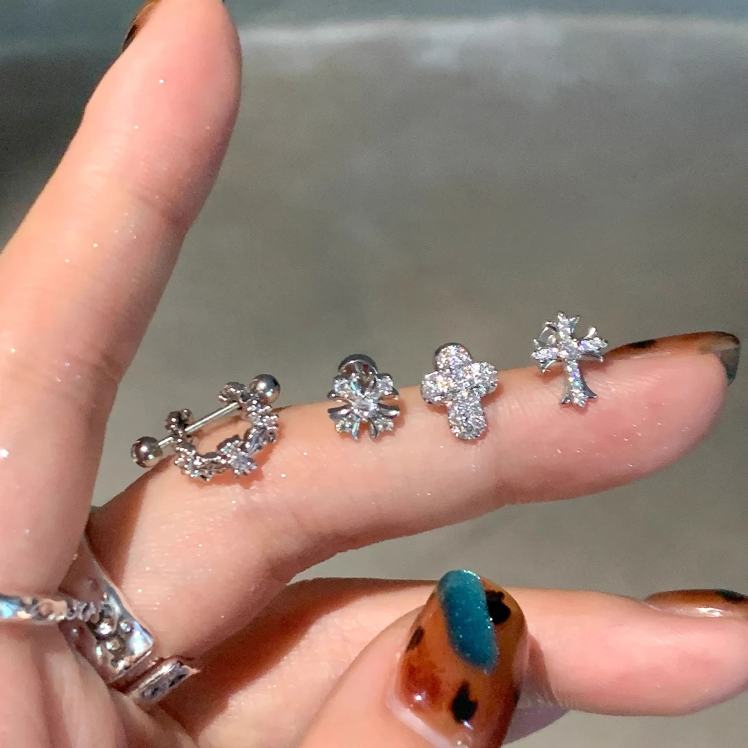 钛钢耳饰 十字架耳骨钉医用钛钢超闪锆石平底耳蜗钉睡觉免摘耳扣