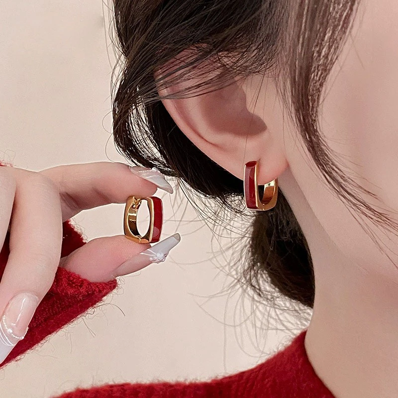 铜合金耳饰 复古滴釉红色耳扣女轻奢高级感耳环2024新款过年耳饰