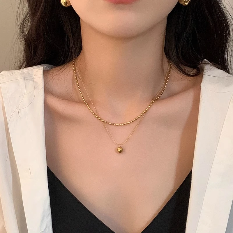 钛钢项链 高级感简约双层金属圆球项链叠戴ins锁骨链女百搭配饰潮