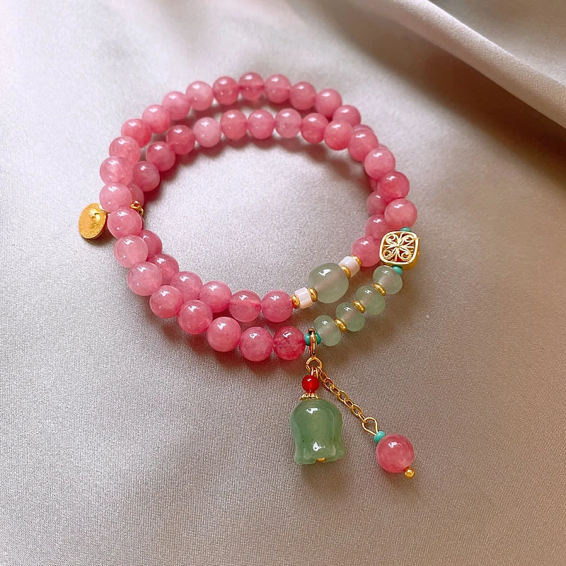 钛钢手链 粉色串珠手链小清新双圈铃兰花手串小众设计清新手饰品