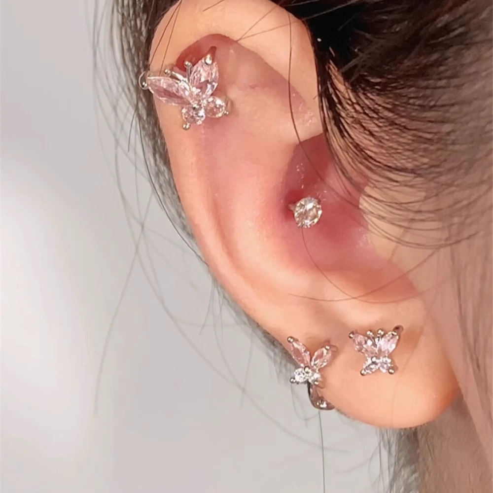 钛钢耳饰 粉色系少女感锆石蝴蝶耳钉女钛钢耳骨钉小众设计感耳圈