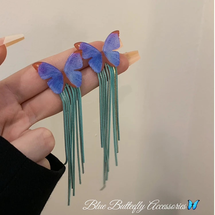 铜合金耳饰 夏季显脸瘦耳环小众设计感高级耳饰蝴蝶流苏长款耳坠