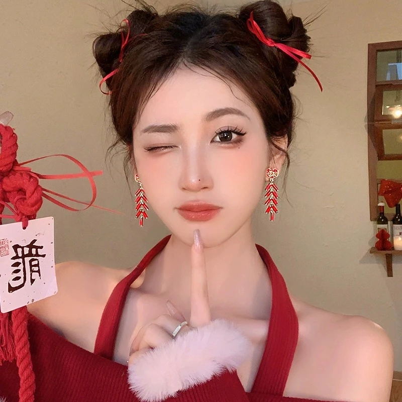 铜合金耳饰 红色福字鞭炮耳环轻奢高级感气质耳饰女气质国潮耳钉