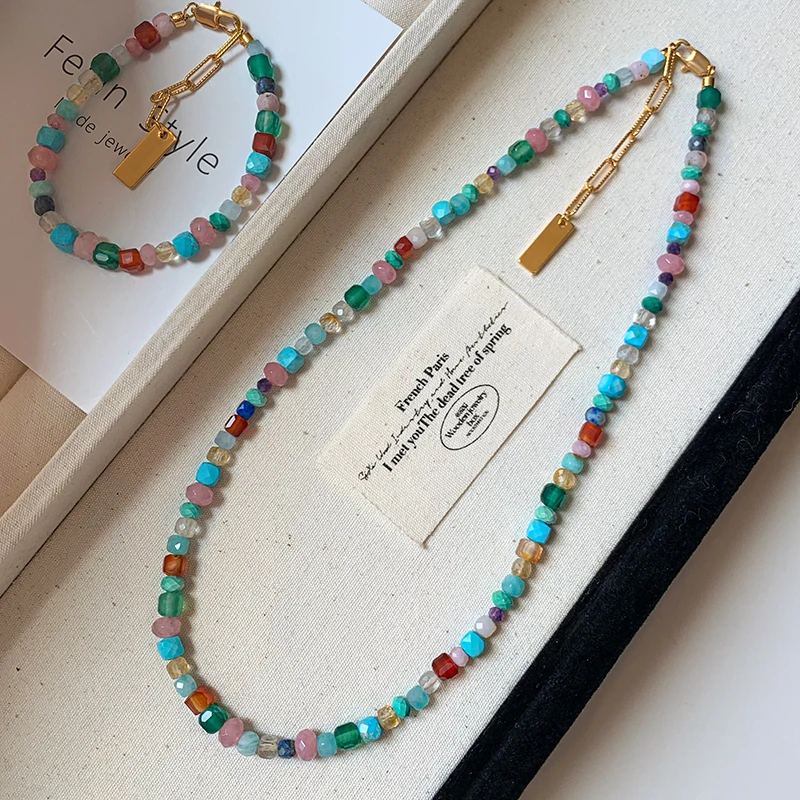 钛钢仿水晶项链 多巴胺彩虹蓝色串珠项链手链女夏天小众设计颈链