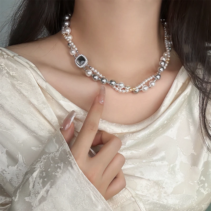 铜合金项链 双层混彩珠珠方块项链轻奢时尚高级感一款两戴锁骨链