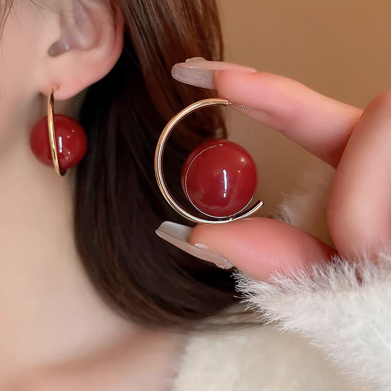 铜合金耳饰 红色夸张大珠珠耳钉 女耳环小众设计高级感2023新款潮