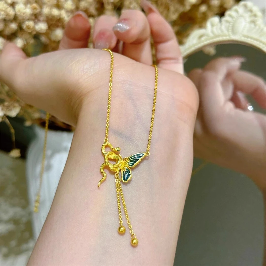 铜合金项链 珐琅灵蛇蝴蝶项链女新中式国风蛇蝶恋锁骨链颈链配饰