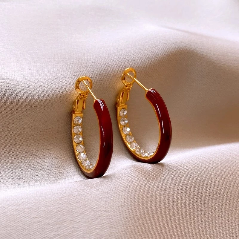 铜合金耳饰 港风安可拉红滴釉耳圈秋冬素圈镶钻耳环女高级感耳钉