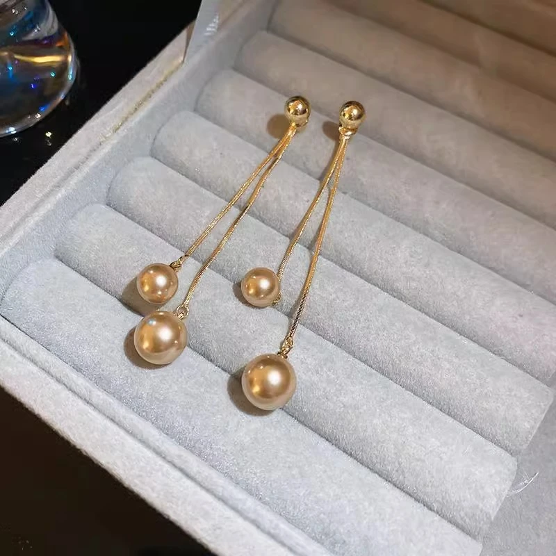 铜合金耳饰 圆球流苏香槟珠珠耳钉女小众气质耳环轻奢高级感耳饰