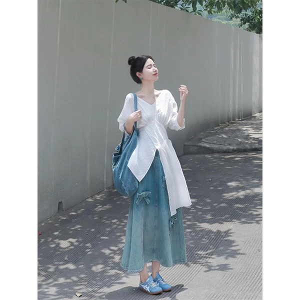1322气质慵懒简约不规则衬衫女夏装一整套高腰休闲牛仔半身裙长裙