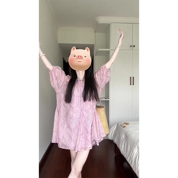 1366新款粉色碎花连衣裙女夏季收腰显瘦短裙复古海边度假裙子