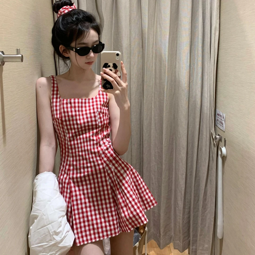 1309新款韩系红色格子无袖收腰吊带裙女夏显瘦短裙子