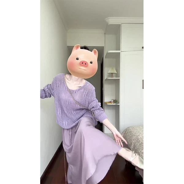 2243~秋季女镂空露肩长袖针织毛衣罩衫紫色松紧腰A字半身裙两件套
