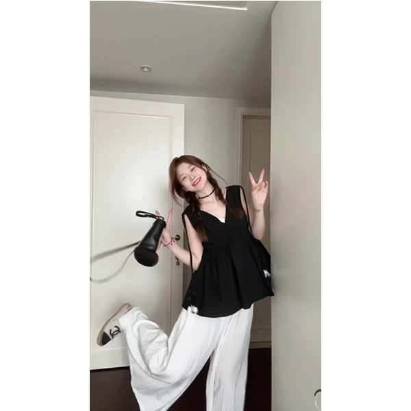 2010黑色小众设计褶皱衬衫女装夏季新款蝴蝶结显瘦上衣阔腿裤