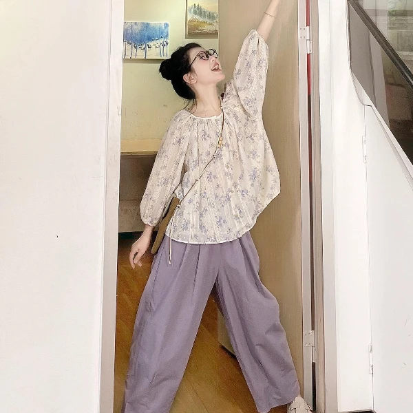 夏季印花蕾丝小衫甜美显瘦碎花衬衫上衣紫色阔腿长裤女