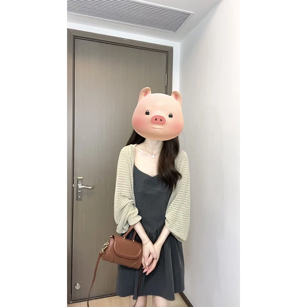 2055~镂空设计感披肩开衫女夏季外搭慵懒风薄款条纹连衣裙两件套