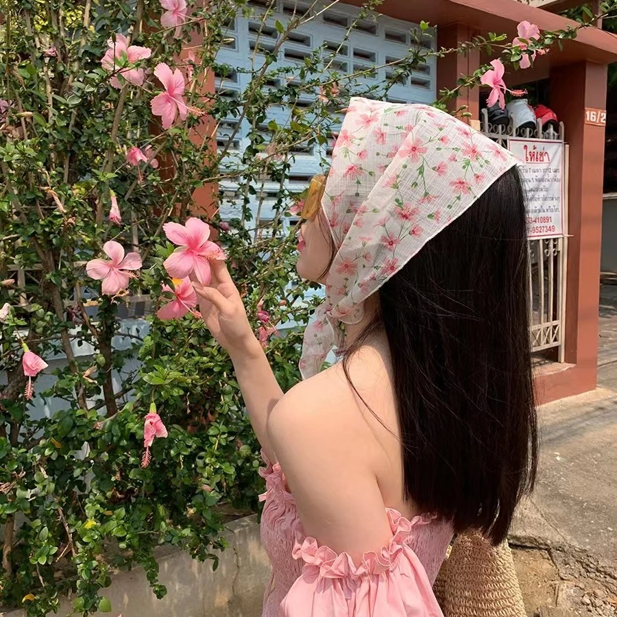 法式碎花丝巾森女2023新款绑发发带头巾夏日海边度假沙滩防晒方巾