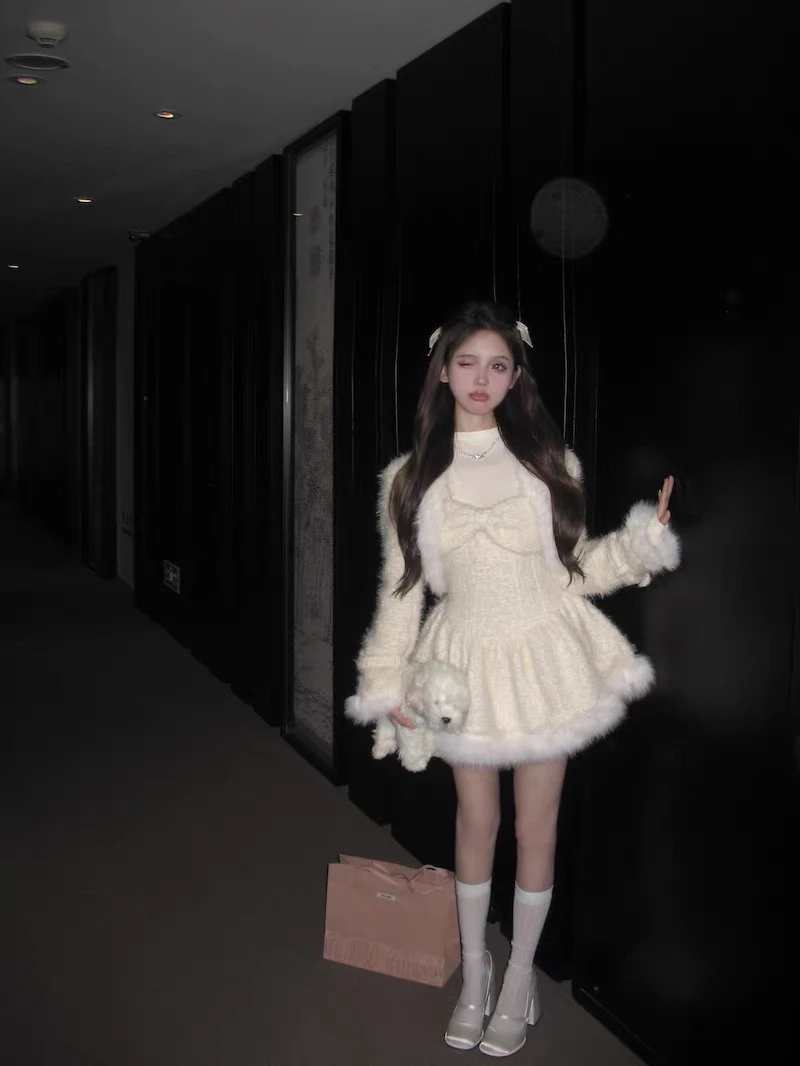 小雪人/夹棉毛绒拼接短款开衫外套冬季收腰蓬蓬公主连衣裙两件套
