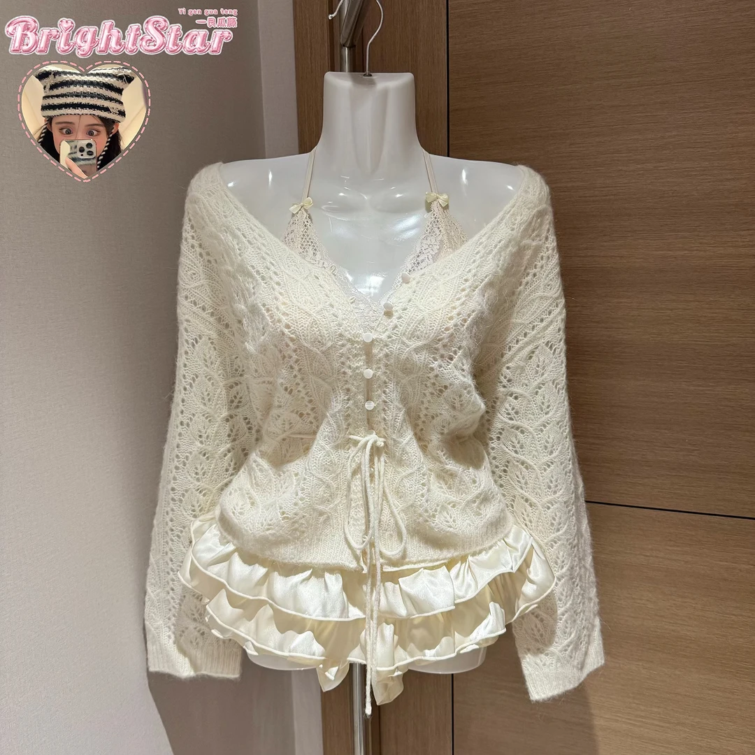 慵懒美人/秋冬甜美软糯宽松毛衣开衫针织外套蛋糕裙裤两件套装女