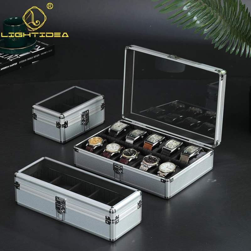 哑光银铝合金手表收纳盒透明玻璃大容量防尘手表盒可调隔板配软枕