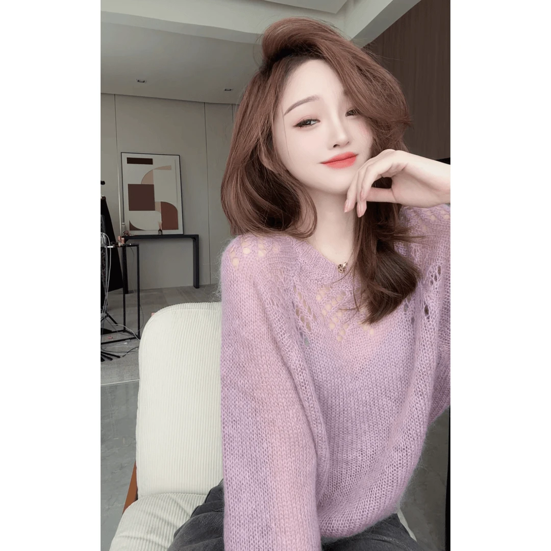 洋气温柔气质镂空马海毛毛衣长袖圆领针织衫2101