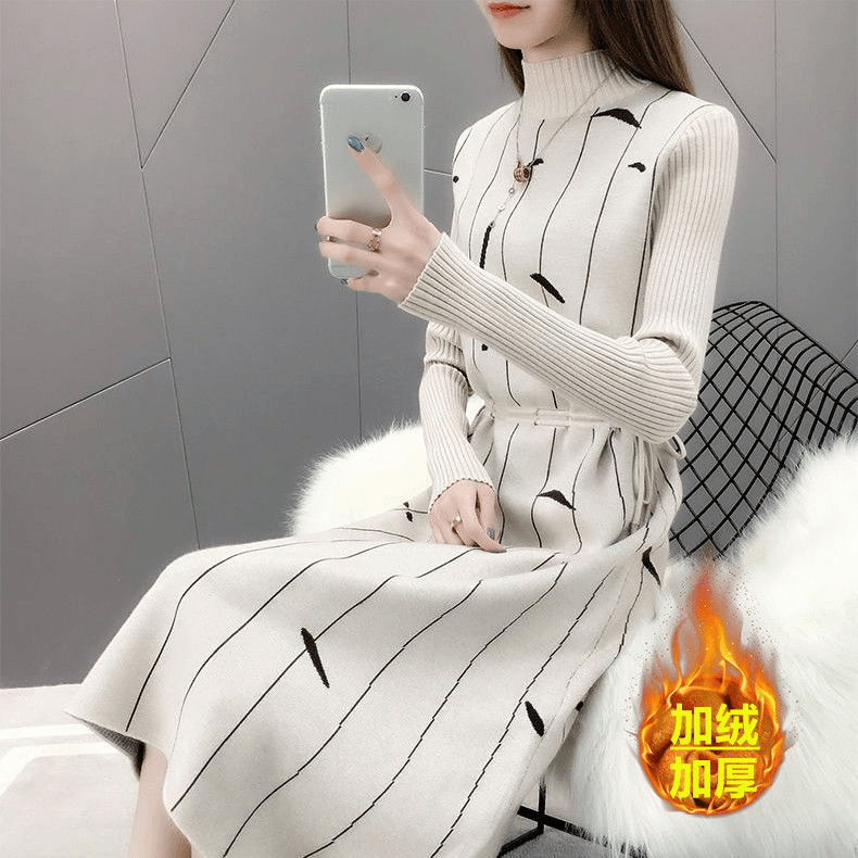 加戎加厚长款过膝连衣裙冬季新品女装半高领针织打底衫毛衣裙