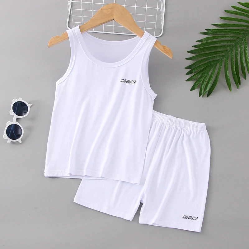 儿童背心套装薄款夏季男童女童中小童木代尔家居服空调服睡衣白色