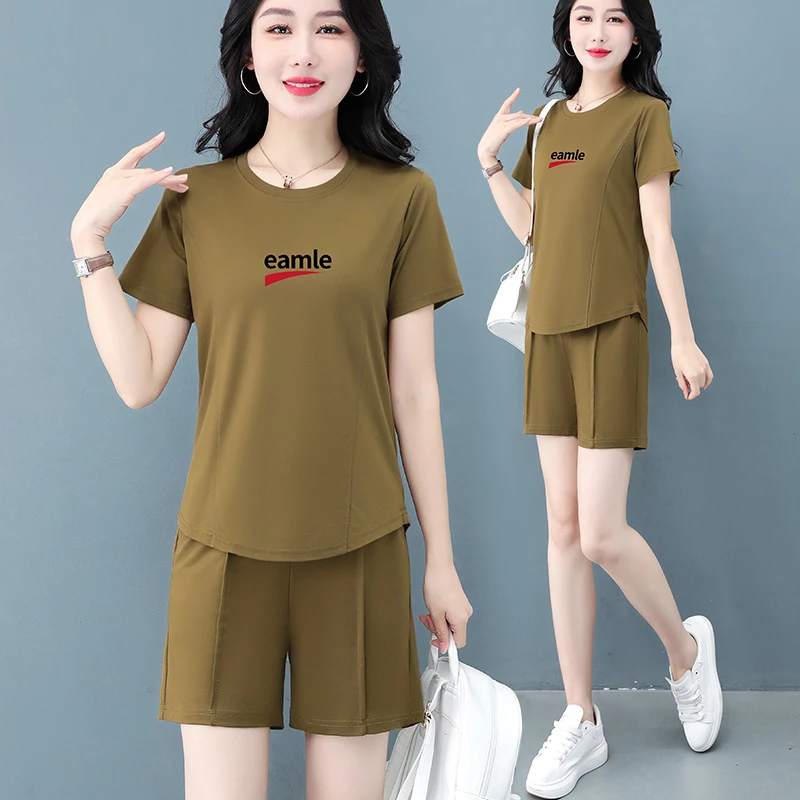 高档冰丝短袖t恤套装女士夏季薄款休闲短裤两件套时尚中年女装潮