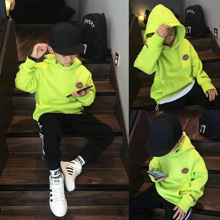 2023新款冬装男童日系连帽卫衣帽衫加绒保暖荧光绿中大童
