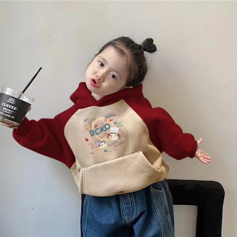 女童加绒卫衣秋冬款拼色卡通印花带帽子上衣宝宝休闲宽松保暖绒衫
