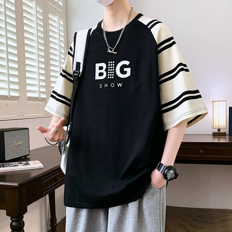 2024新款重磅五分半袖男休闲帅气体恤上衣立体字母短袖t恤男夏季