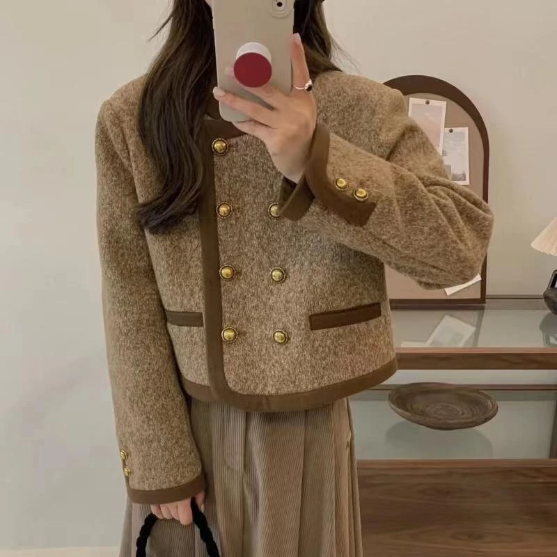 9953新款秋冬新款韩版名媛风圆领双排扣短款宽松显瘦小香风外套女