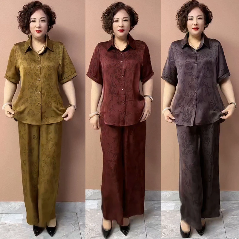 2024夏季新款中老年妈妈衬衫时尚气质百搭阔太太遮肚显瘦上衣裤子