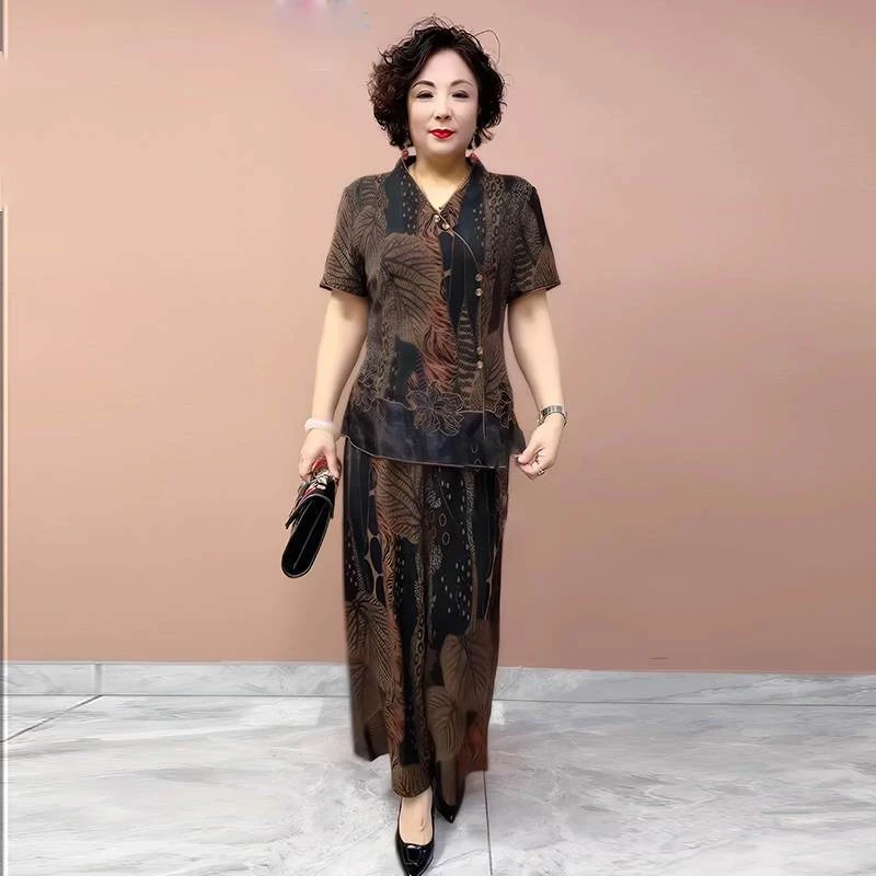 高档时尚洋气妈妈两件套50到60岁上衣配搭阔腿裤夏季中老年套装