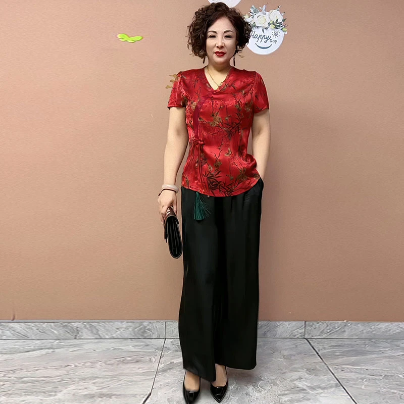 2024夏季新款减龄高档气质宽松大码中老年妈妈新中式小衫T恤上衣